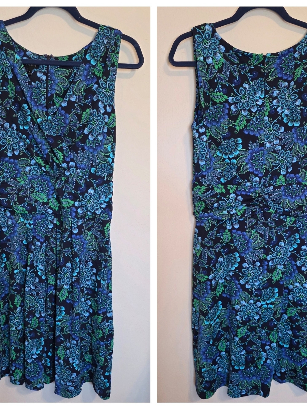 Talbots Navy Floral Wrap-Style Mini Dress in Blue & Green